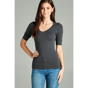 Basic Charcoal Gray V-Neck Elbow Sleeve Tee